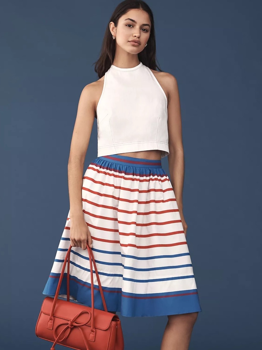 ANTHROPOLOGIE NWT L MAEVE The Jacie Poplin Skirt • Nautical Beach Stripe Print